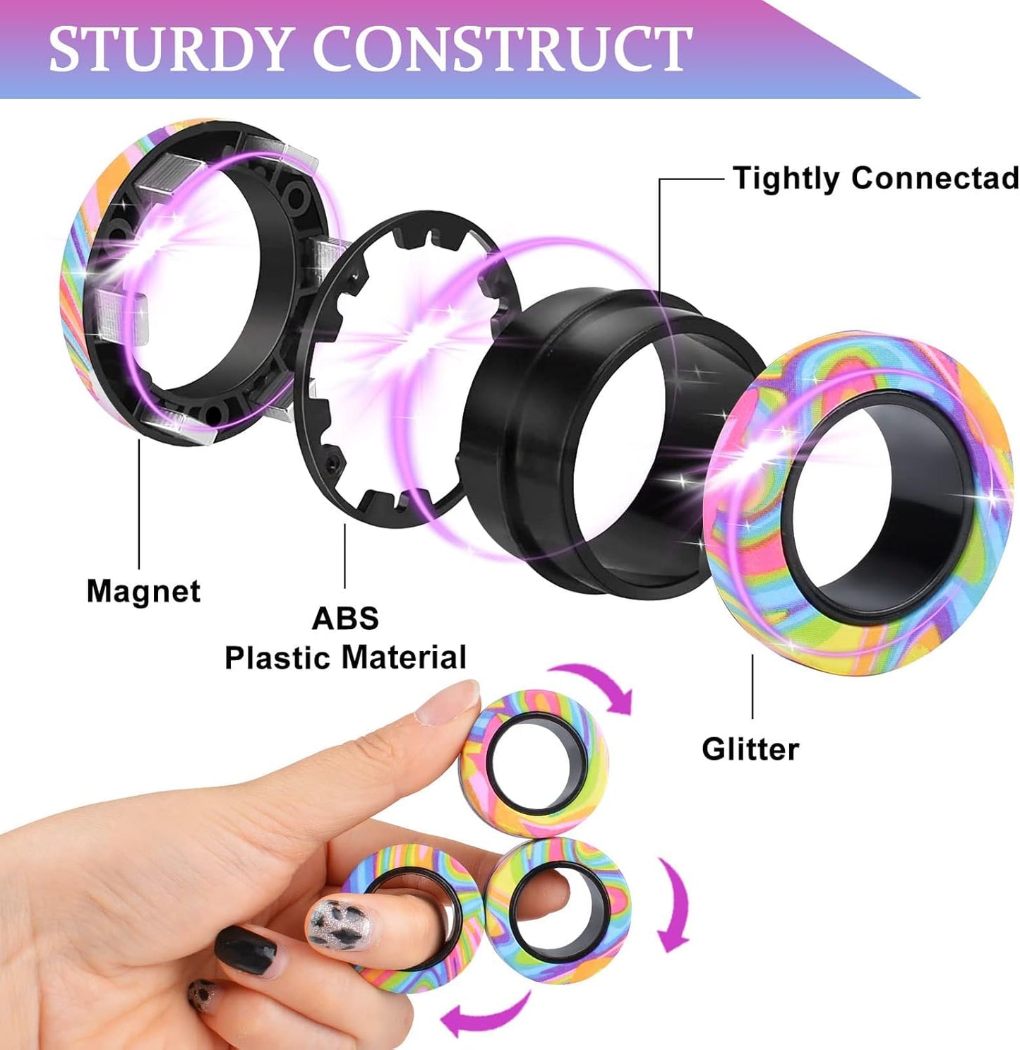 9Pcs Magnetic Rings Fidget Toy Set, ADHD Anxiety Magnetic Fidget Toys Adults Fidget Spinner Rings for Relief, Gifts for 8+ Year Old Teen Boy Girl