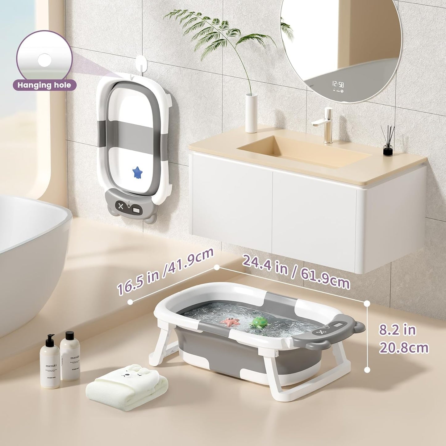 Collapsible Baby Bathtub for Newborn to Toddler (0-18 Month) - Portable Baby Bath Tub for Travel, Newborn Bathtub with Soft Towel and Floating Cushion (Gray)