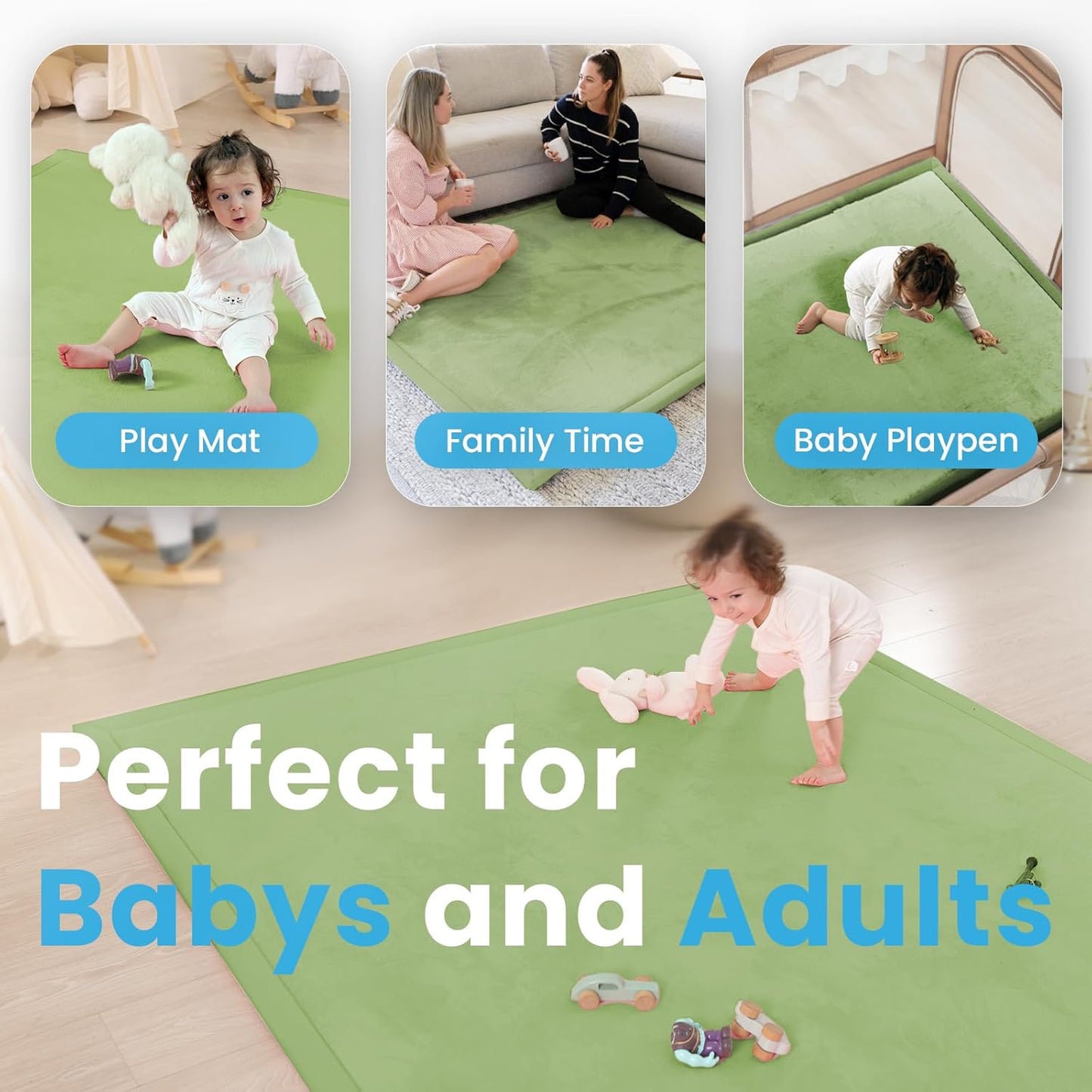 Ultra Soft Baby Play Mat,1.3" Thick Elasti-Foam Tummy Time Mat for Infants,Toddlers,Kids,Water-Repellent Coral Fleece Nursery Rug,Non-Slip Safe for Crawling&Hardwood Floors(Olive Green)