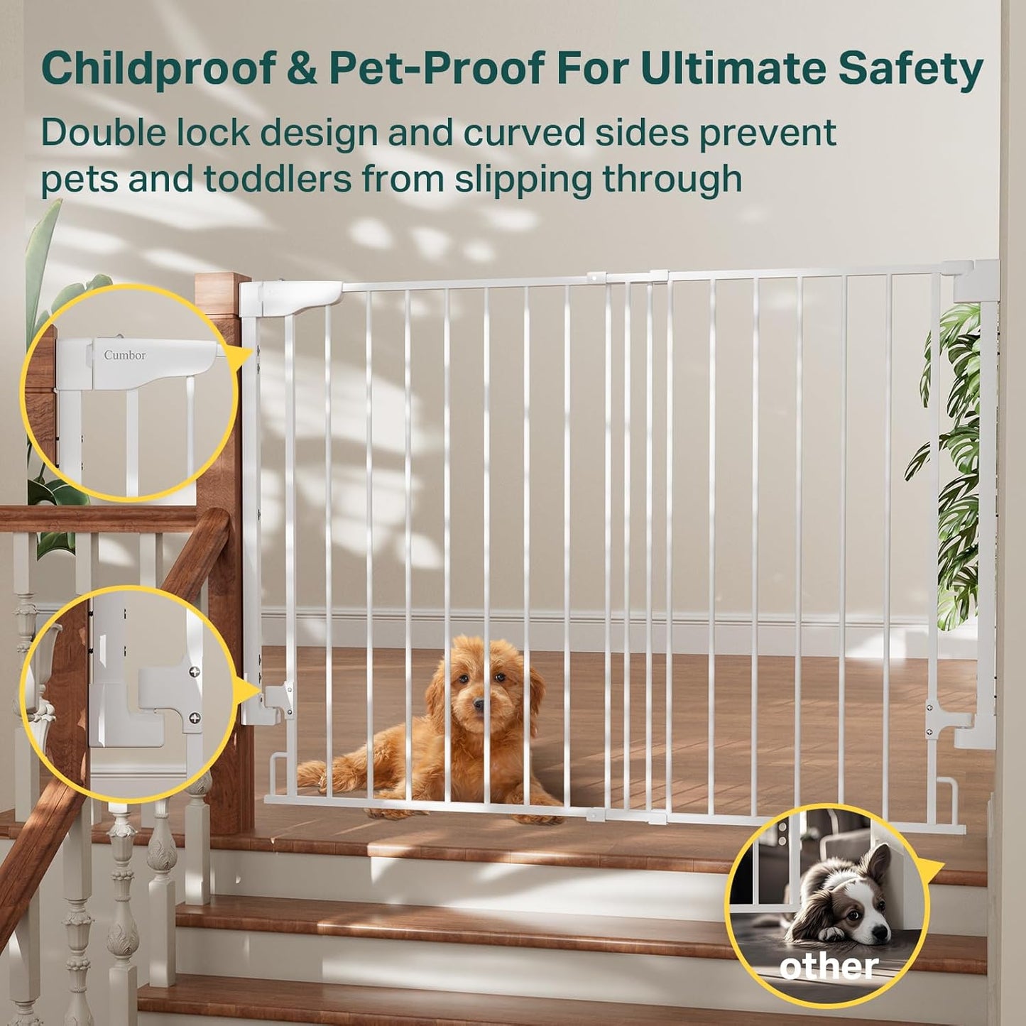 Cumbor 34" Extra Tall No Bottom Bar Baby Gate for Stairs, Auto Close Dog Gate Indoor for Larger Pets, 31.6-48" Hardware Mounted Safety Gate for Doorways, Wide Walk Thru Door for Easy Access (White)