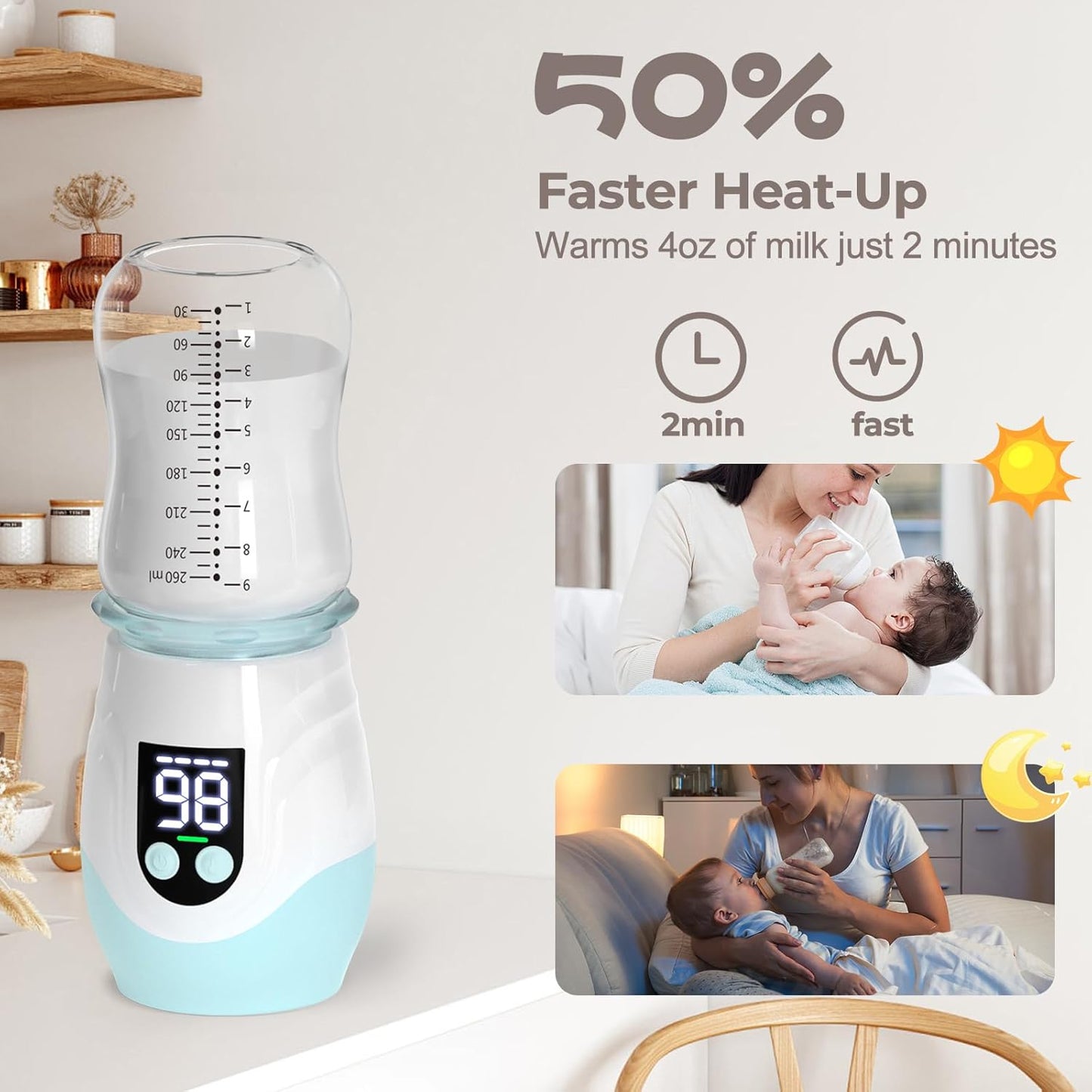 Portable Cordless Baby Bottle Warmer for Travel, Rechargeable with 8 Adapters & 1 Milk Powder Container, Safe Material, Fast Heating, Compatible with Major Brands,Blue