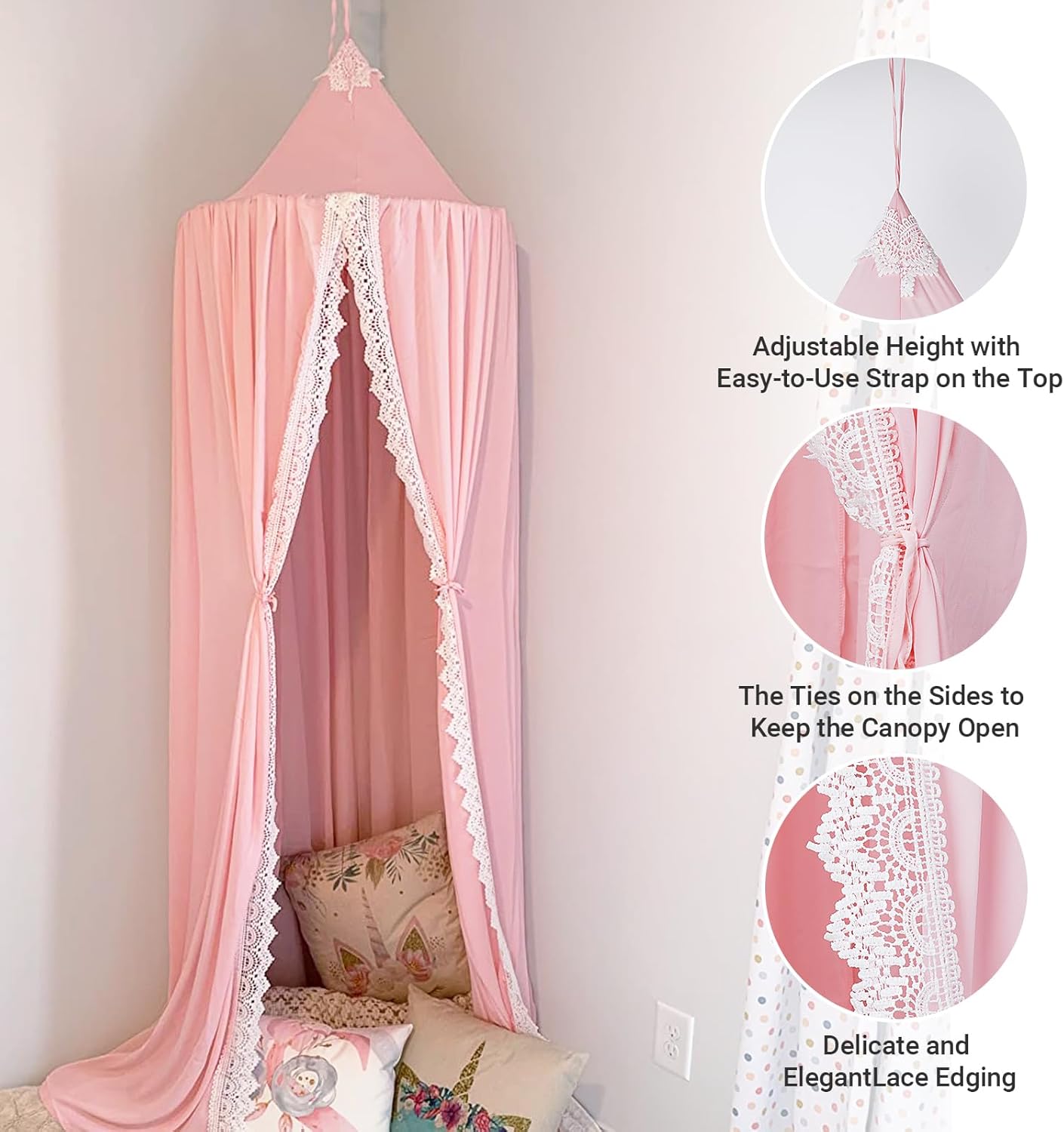 Princess Bed Canopy Mosquito Net for Kids Baby Crib, Round Dome Kids Indoor Outdoor Castle Play Tent Hanging House Decoration Reading Nook Cotton Canvas,Pink