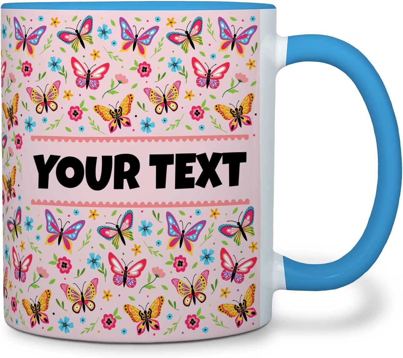 Personalized Mug for Kids - Butterflies - Custom Name/Text, Ceramic Hot Chocolate/Cocoa/Coffee Cup for Girls, Birthday/Christmas/Holiday Gift - 11 oz, Light Blue Handle