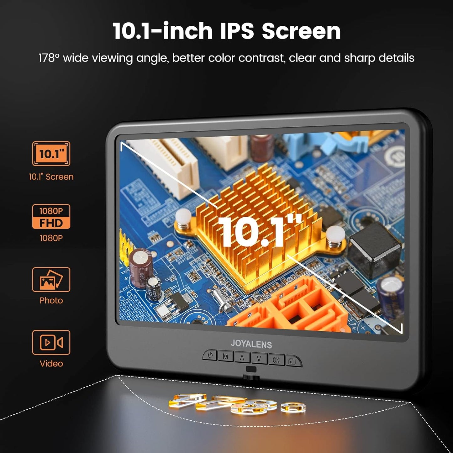 JL210 10.1'' Digital Microscope for Adults, Coin Magnifier Microscopes Full View for Error Coins, Soldering Electronics Microscopes Camera, 8 LED, 12.6" Metal Stand, PC View, 32GB