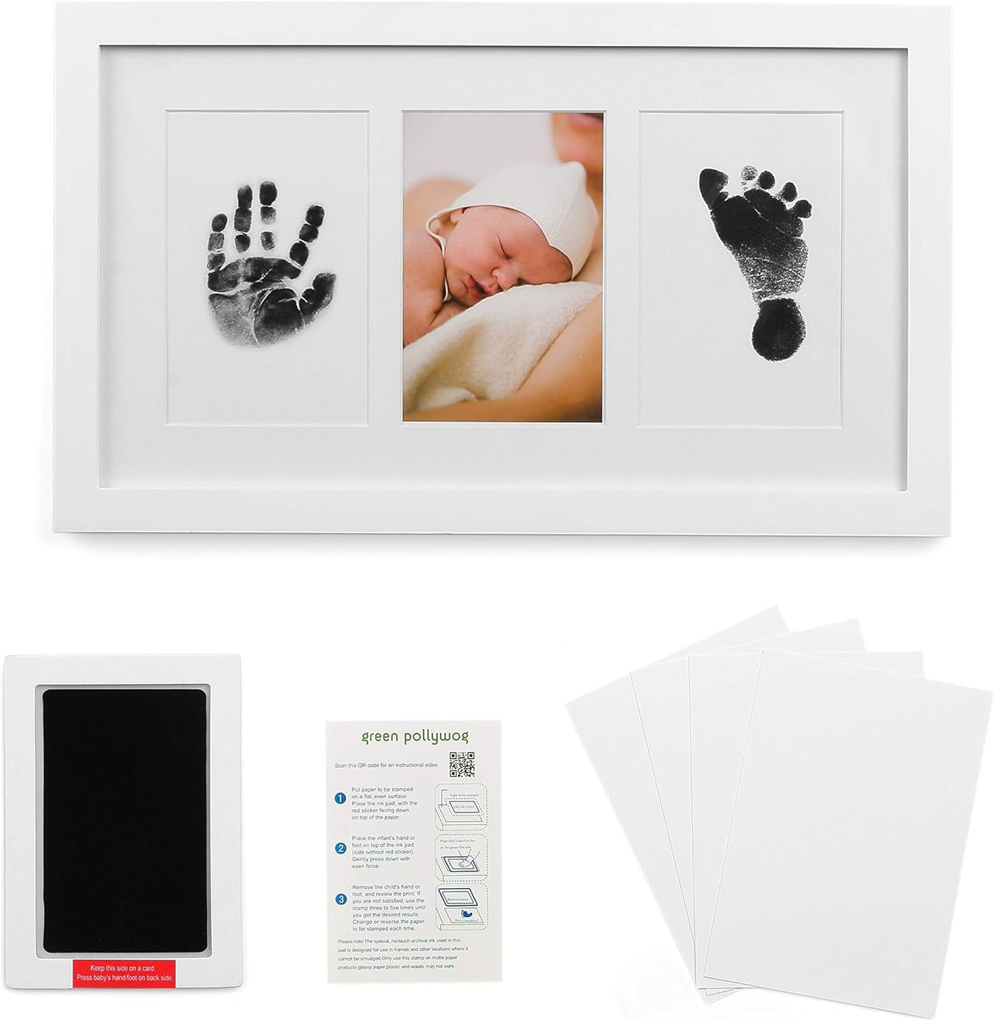 Green Pollywog Baby Handprint and Footprint Kit | Elegant White Frame with Inkless, Non-Toxic Pad | Newborn Keepsake for Baby or Dog Paw Prints