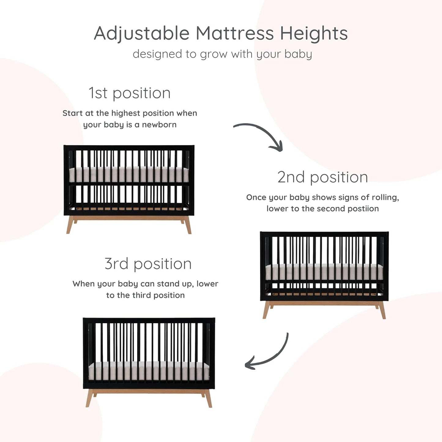 dadada Baby Soho 3-in-1 Convertible Wooden Crib to Toddler Bed - Made in Italy, GREENGUARD Gold Certified, Baby-Safe Finish, Sustainable Beech Wood, Modern Design, 3 Adjustable Heights (Black/Natural)