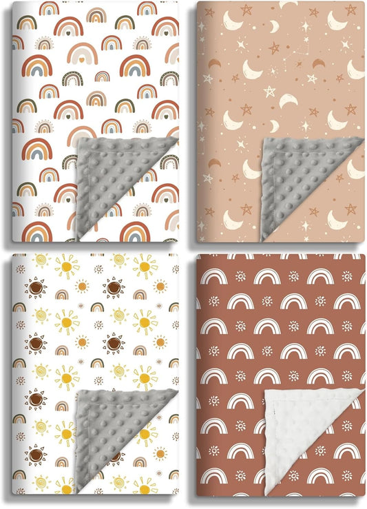 4 Pack Soft Boho Baby Blankets for Unisex Girls or Boys - Breathable Gender Neutral Nursery Double Layer Blankets with Dotted Backing and Boho Print for Newborn Toddlers