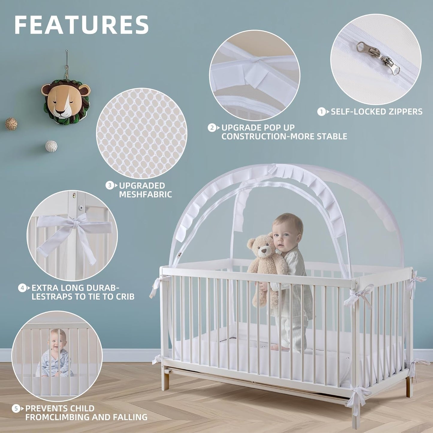 Lazyzzzz Baby Crib Tent - Pop Up Crib Canopy with Double Zipper Self-Locked,1200 Holes/Inch Mesh Crib Net to Keep Baby from Climbing Out, Portable Easy Install 55" L x 27" W x 51" H White