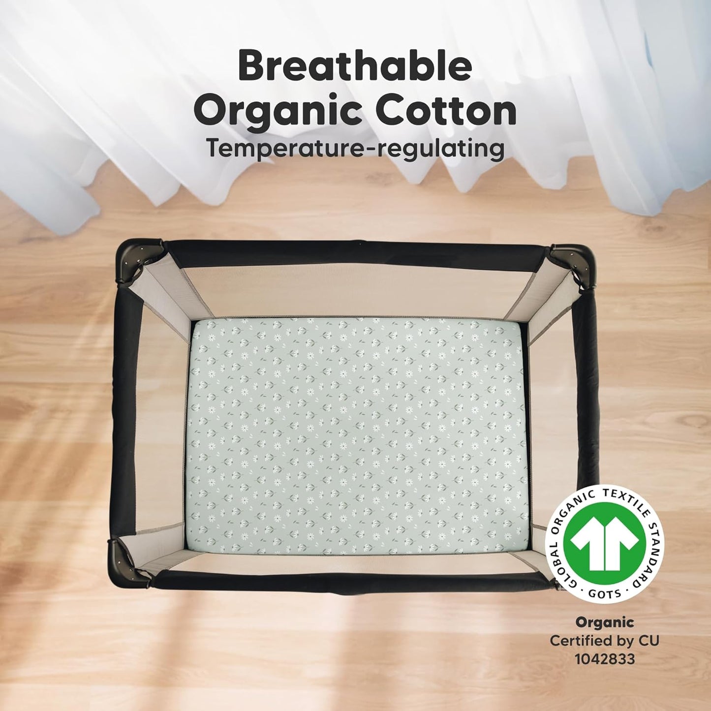 2-Pack Mini Crib Sheets Fitted - 38x26 Pack N Play Sheets for Pack and Play Mattress, Organic Cotton, Soft & Breathable Playard Bedding, Neutral Mini Toddler Bed Cover for Boys, Girls (Daisies)