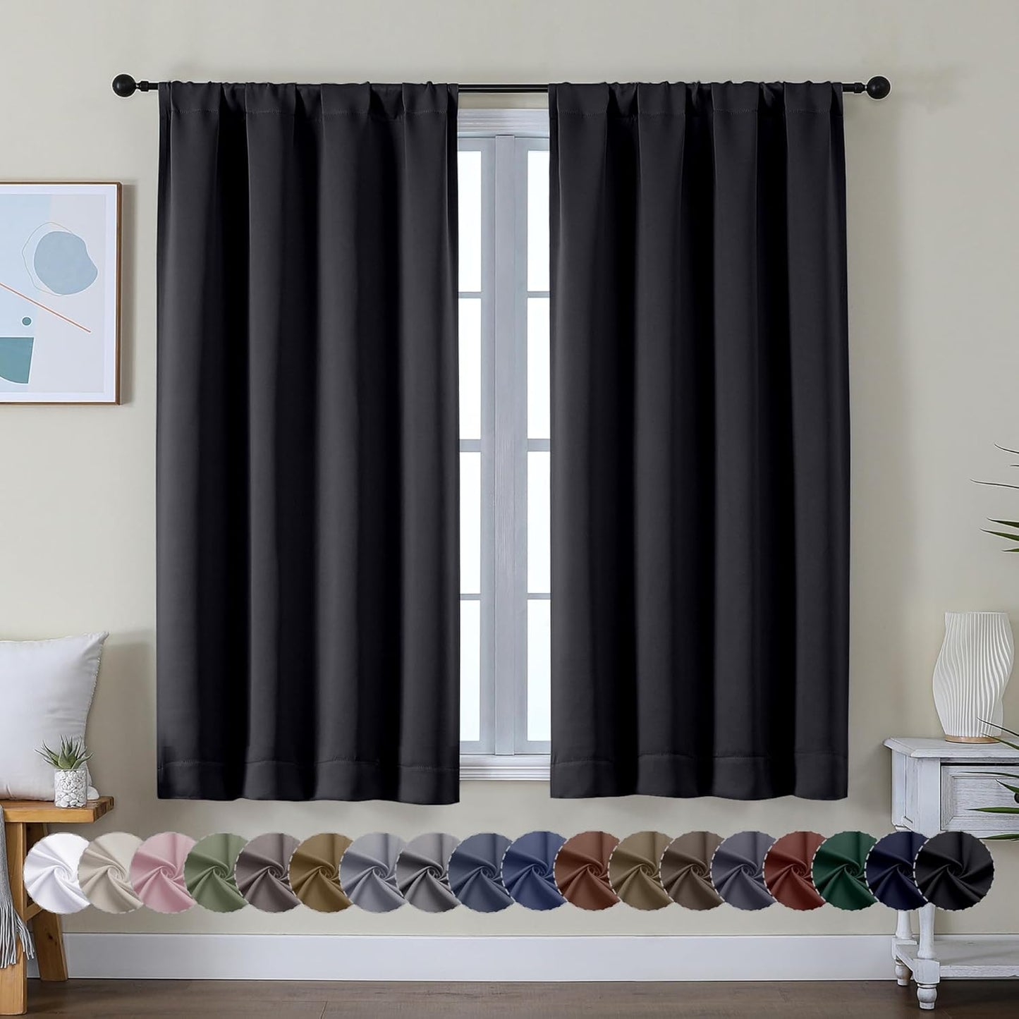 Simplebrand Ava Halloween Black Short Blackout Curtains for Bedroom 54 Inches Long 2 Panels Set, Solid Thermal Insulated, Energy Saving Window Treatment Curtains Blackout Drapes, W40 x L54 Inch, Black