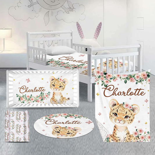 Custom Nursery Crib Bedding Set: Personalized Name 4 Piece Floral Leopard Design Baby Crib Sets for Girls - Toddler Double Layer Blanket Set, Comfortable Crib Bed Sheets for Baby Toddlers