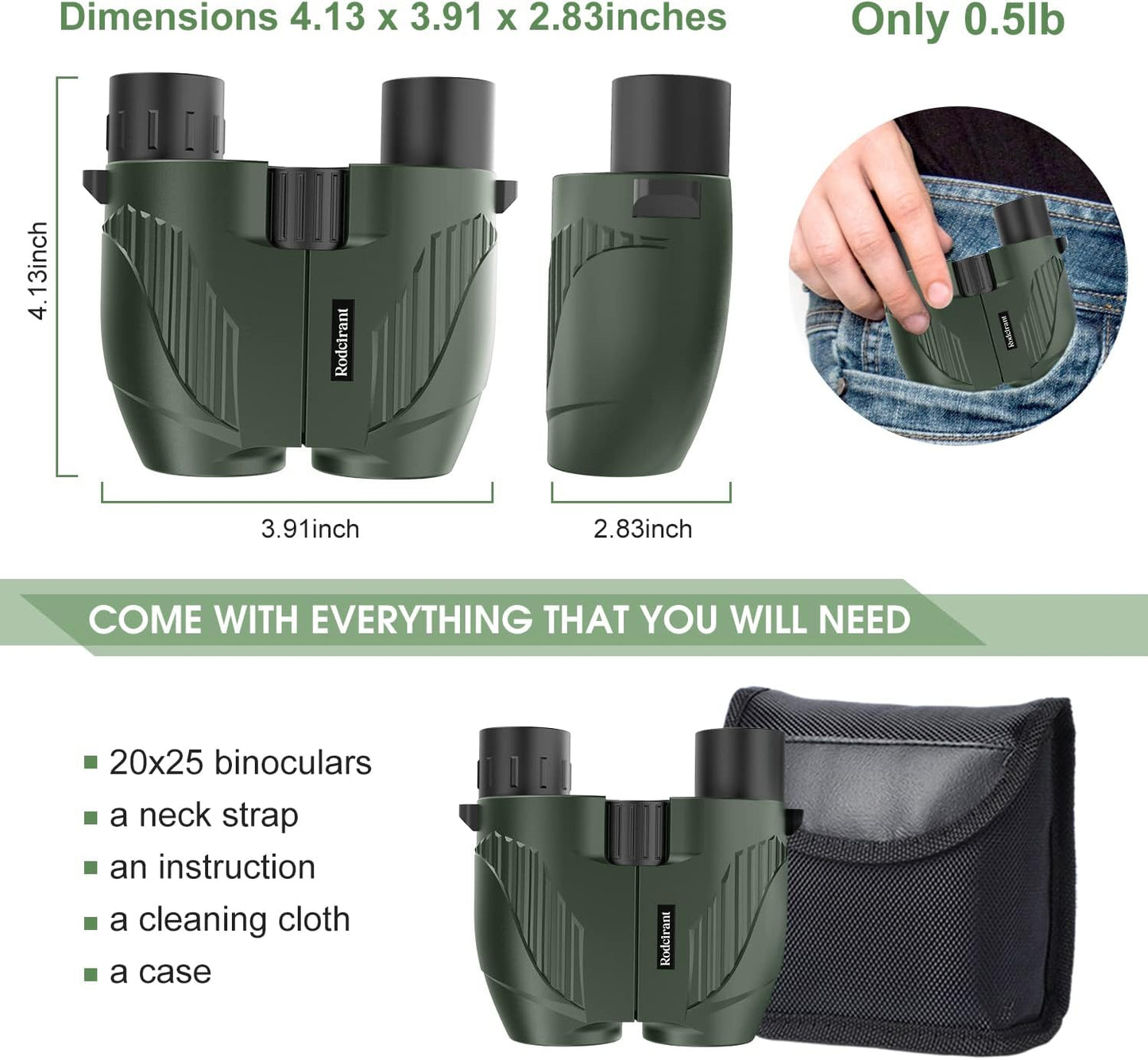 20X25 Compact Binoculars for Adults and Kids,Large Eyepiece Waterproof Binocular，Easy Focus Small Binoculars for Bird Watching,Hiking and Concert, Green