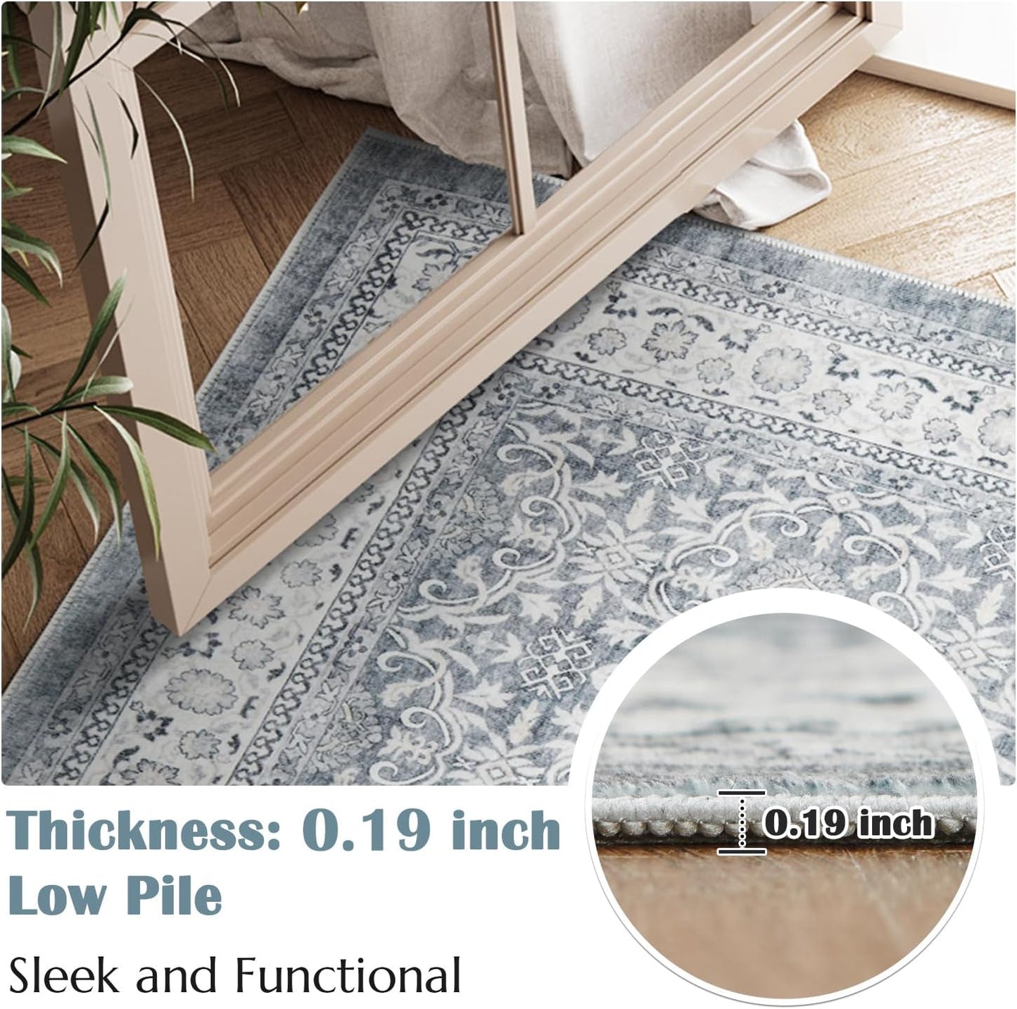 jinchan Hallway Runner Rug 3x7 - Machine Washable Grey Vintage Floral Distressed Design Soft Non-Slip Low-Pile Ultra-Thin Runner Rug for Kitchen Laundry Room Bedroom Farmhouse (3‘x8',Grey)