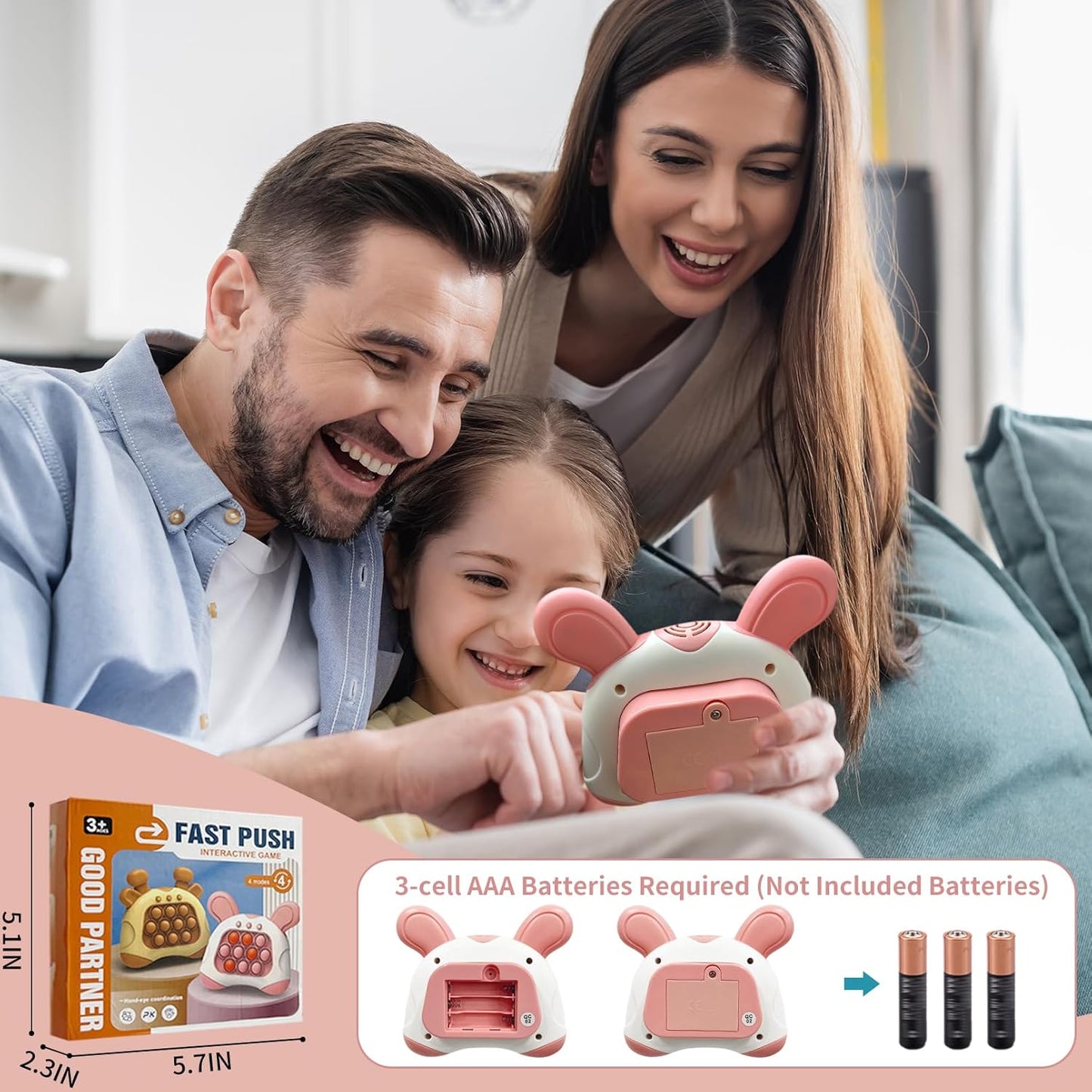 Pop Quick Push Game Console Fidget Toys Light Up Handheld Puzzle Press Popping Toy for Kids Adult Pink Rabbit