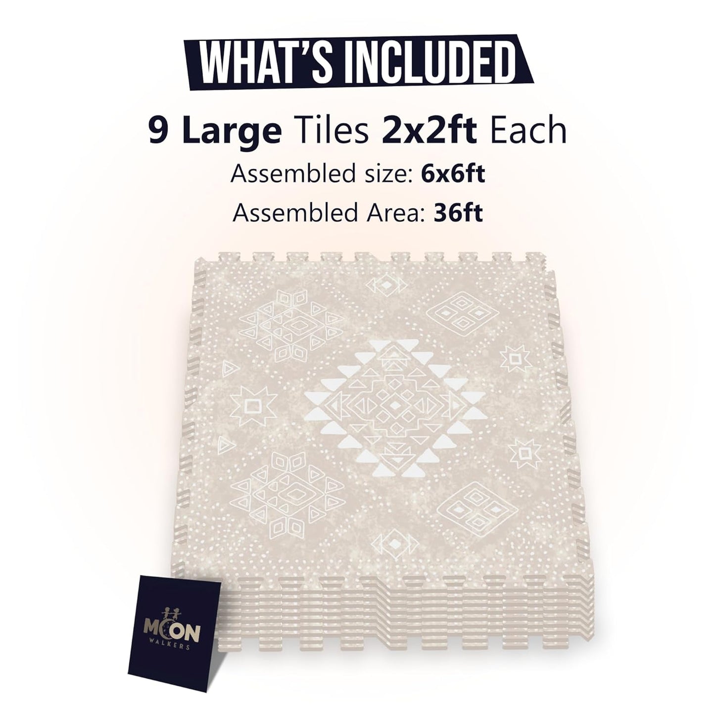 MOON WALKERS Stylish Boho Baby Play Mats for Floor, Play Mat for Babies and Toddlers, Non-Toxic, Soft, Thick, Tummy Time Mat for Crawling (Moon Mist, Extra Large 6x6ft | 9 Tiles)