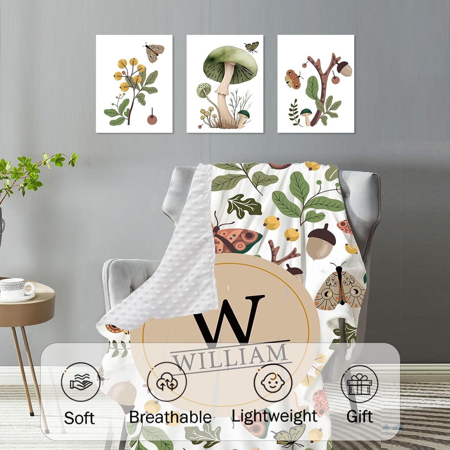 Personalized Baby Crib Bedding Set for Baby Boys Girls, Mushroom Design Custom Name Baby Crib Sets 5-Pcs, Toddler Double Layer Blanket Fitted Sheets Changing Pad Cover Rug Wall Art Set
