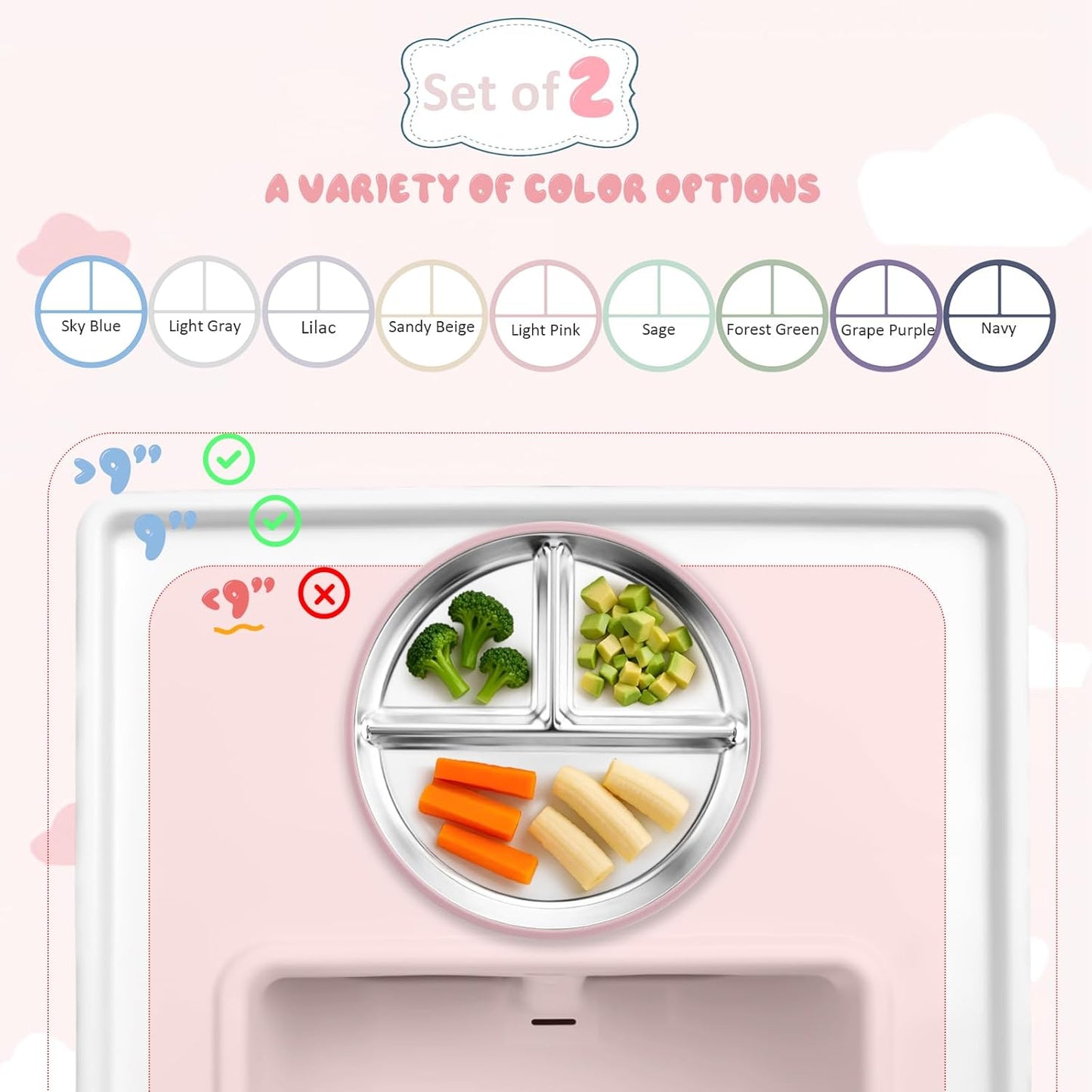 Stainless Steel Baby Plate with Suction, 9” Divided Toddler Plates with Removable Silicone Sleeves for Kids, Non-Toxic Non-Slip Unbreakable Dishwasher Safe Dinnerware Set of 2, Pink & Beige