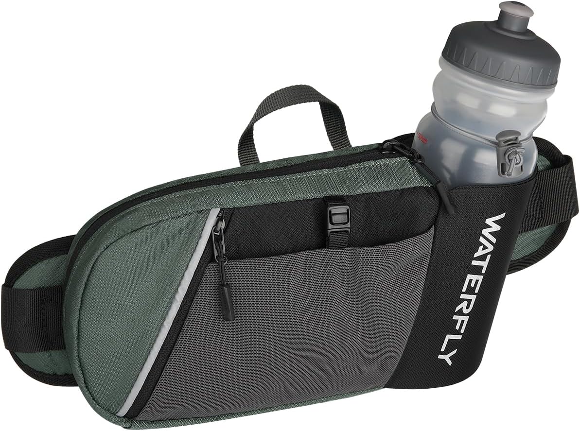 WATERFLY Fanny Pack Waist Bag: Hiking Water Bottle Holder with Strap Waist Pack for Women Men Hydration Hip Packs for Running Walking Traveling-Black & Gray