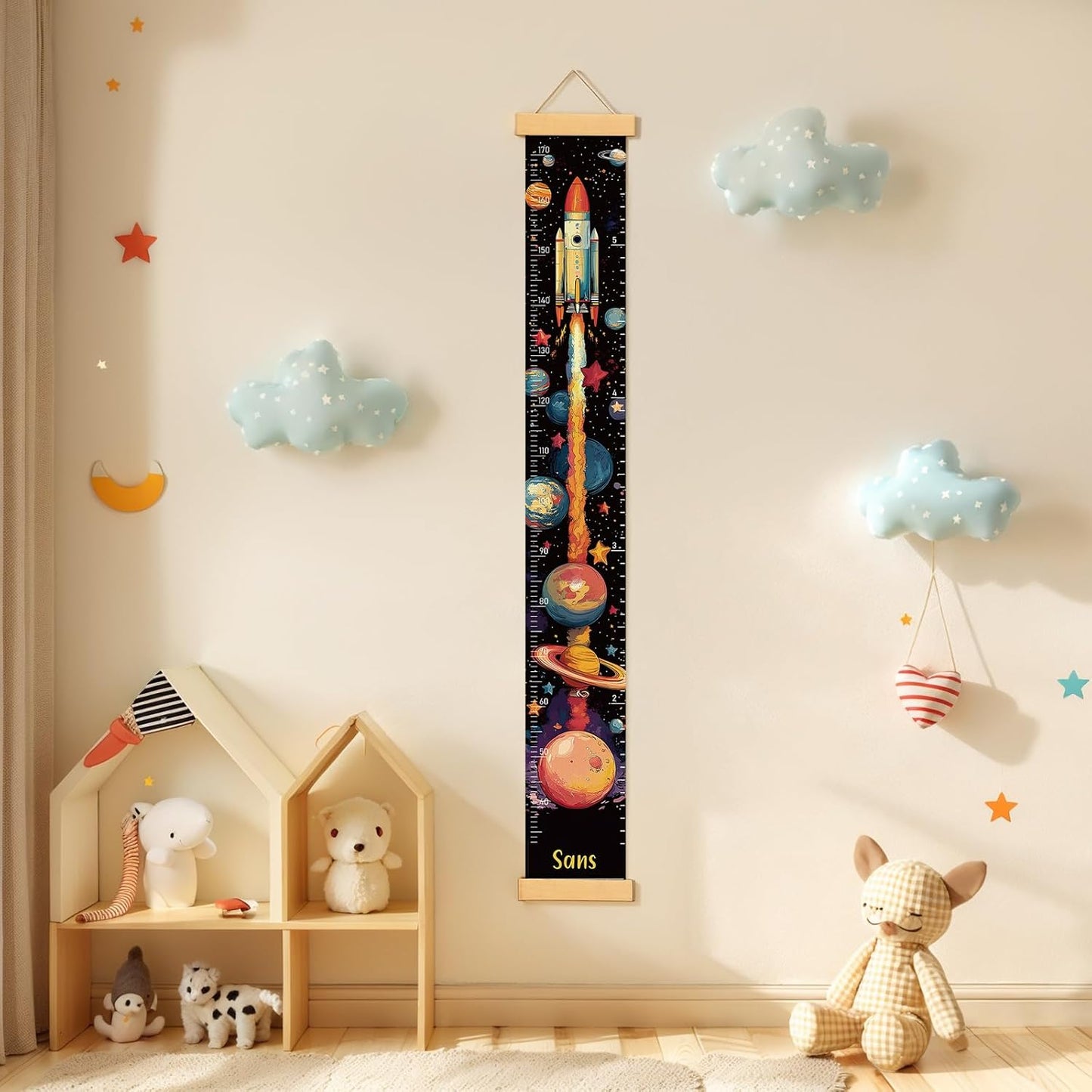 Personalized Name Growth Chart Wall Decor for Kids – Canvas Removable Height Chart Measuring Ruler 59" x 7.9" (Rocket)