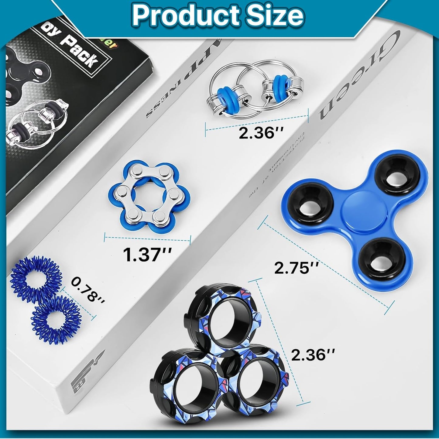 Fidget Toys Adults Pack 6Pcs, EDC Fidgeting Game for Kids Teen Cool Mini Gadget Desk Toys Figette Spinner Figits Rings Classroom ADHD Stress Anxiety Relief Toy Unique Gift for Boys Girls-Blue