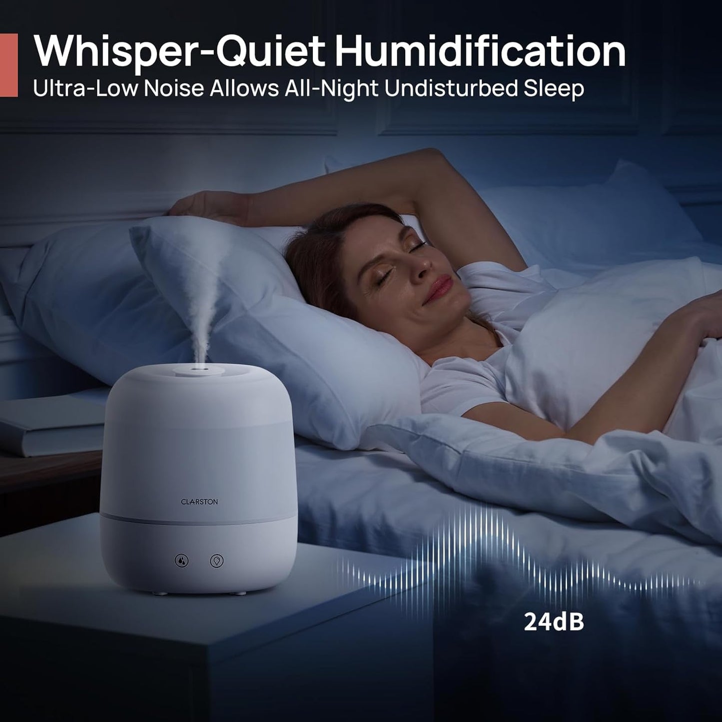 2L Cool Mist Humidifier for Bedroom with 360° Adjustable Nozzle, High and Low Mist Levels, Ultra-Low Noise, Light-Off, No BPA, Auto Shut Off, Ideal Baby Humidifier with Easy Top Filling