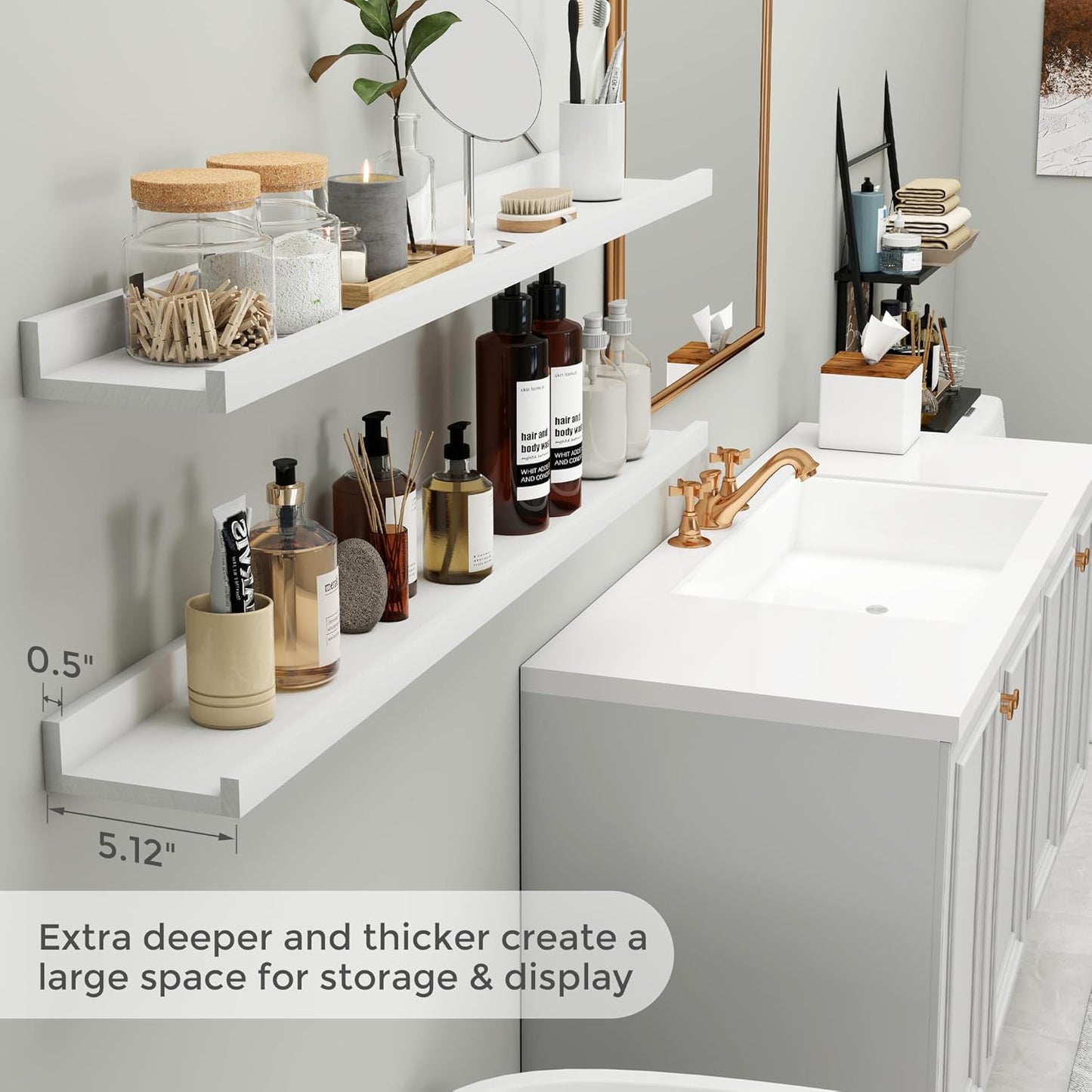 White Long Picture Shelves for Wall with Ledge, Solid Wood Floating Shelves with Lip, Wall Mounted Storage Shelves for Kitchen, Living Room, Bedroom, 48 Inch Long, Set of 2