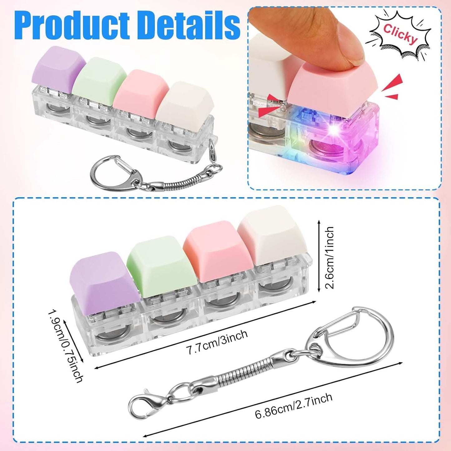 Keyboard Fidget Toy for Adults, Fidget Keyboard Keychain with LED Light Keyboard Fidget Clicker Funny Button Fidget Toy for Decompression Decoration (Color B)