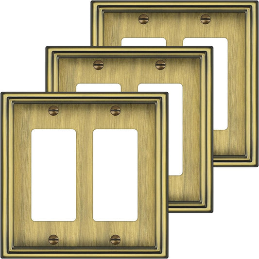 Double Decorator Switch Covers Wall Plate, Antique Brass Decorative Rocker Switch Plates Outlet Covers for Receptacle, GFCI Outlet, Dimmer - Classic Style, 3 Pack