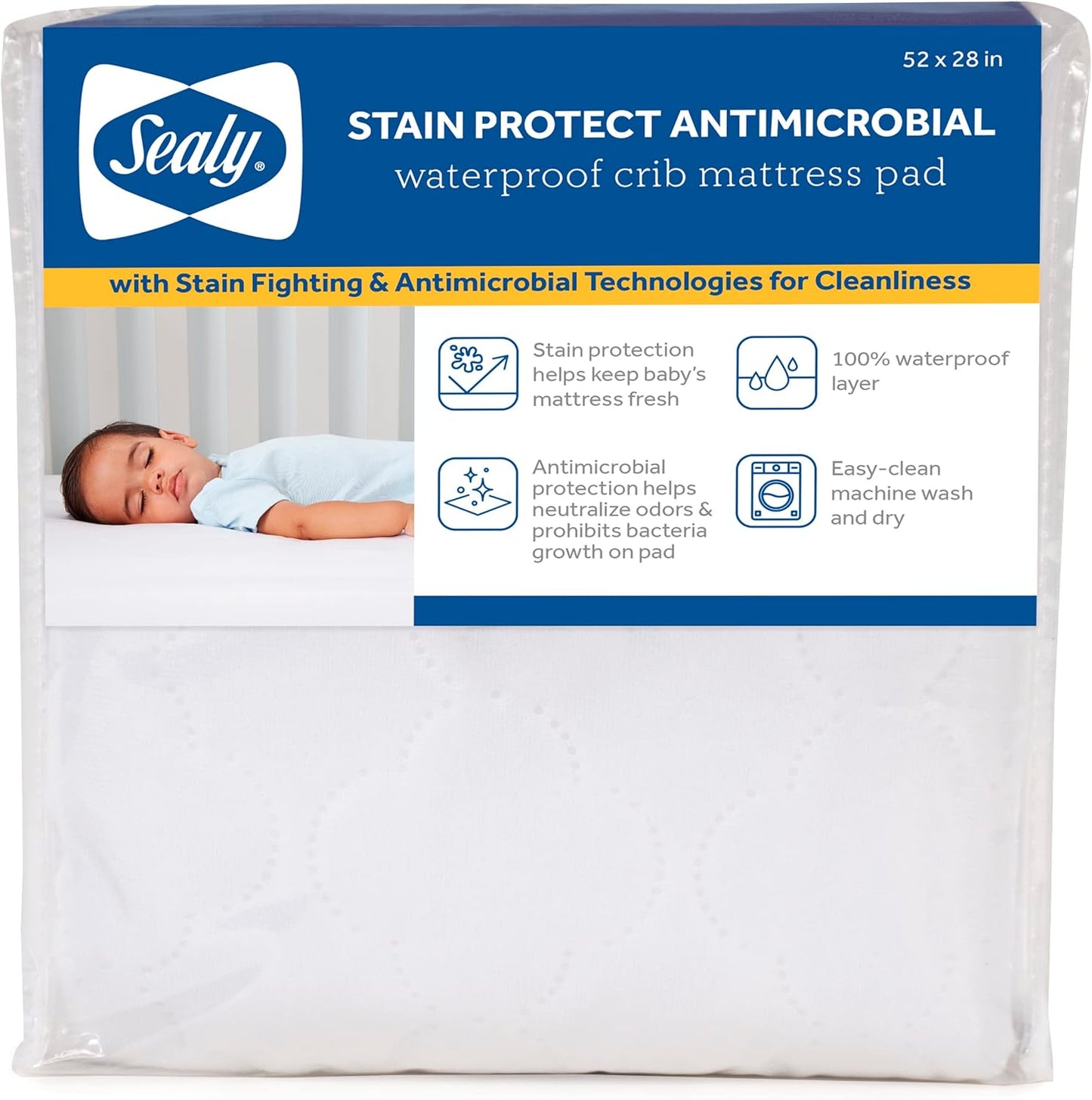 Sealy Baby Stain Protect Antimicrobial Fitted Waterproof Infant Crib Mattress Protector Pad and Toddler Bed Cover, Durable and Comfortable Topper, Machine Washable & Dryer Friendly, 52” x 28”- White