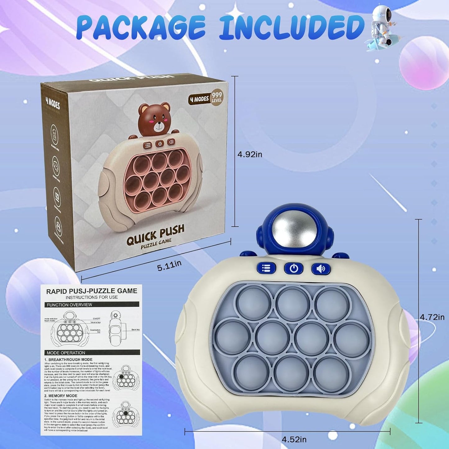 Toymaker Quick Push Game Console Handheld Game Toys Puzzle Popping Press Toy Interesting Push Bubble Fidget Stress Relief Toys Birthday Presents for 3+ Years Old Kids (Astronaut)