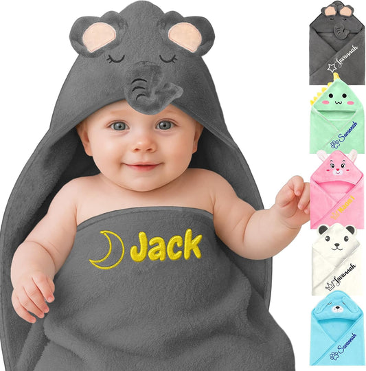 Personalized Baby Towels Hooded with Name, Custom Toddler Bath Towel with Hood for Girl Boy, Warm Swaddle Blanket, Customized Newborn Gifts - Embroidered (Grey Elephant)