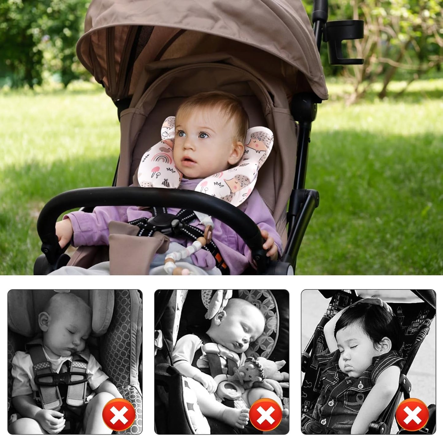 vocheer Baby Travel Pillow(Upgraded), Head and Neck Support Pillow for Pushchair, Car Seat,Stroller, Bouncer, Cotton, Hedgehog