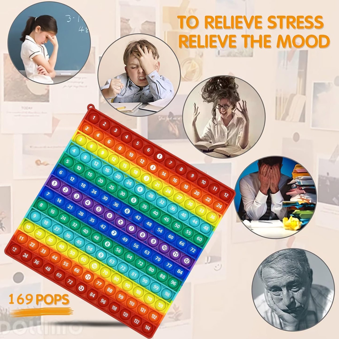 Multiplication 12x12, Addition 1-12, Math Fidget Popper, Learn Multiplication, Addition with Pop Fidget Toy, Learning Tools for Students and Children, Bubble Sensory Rainbow (Rainbow-Horizontal)