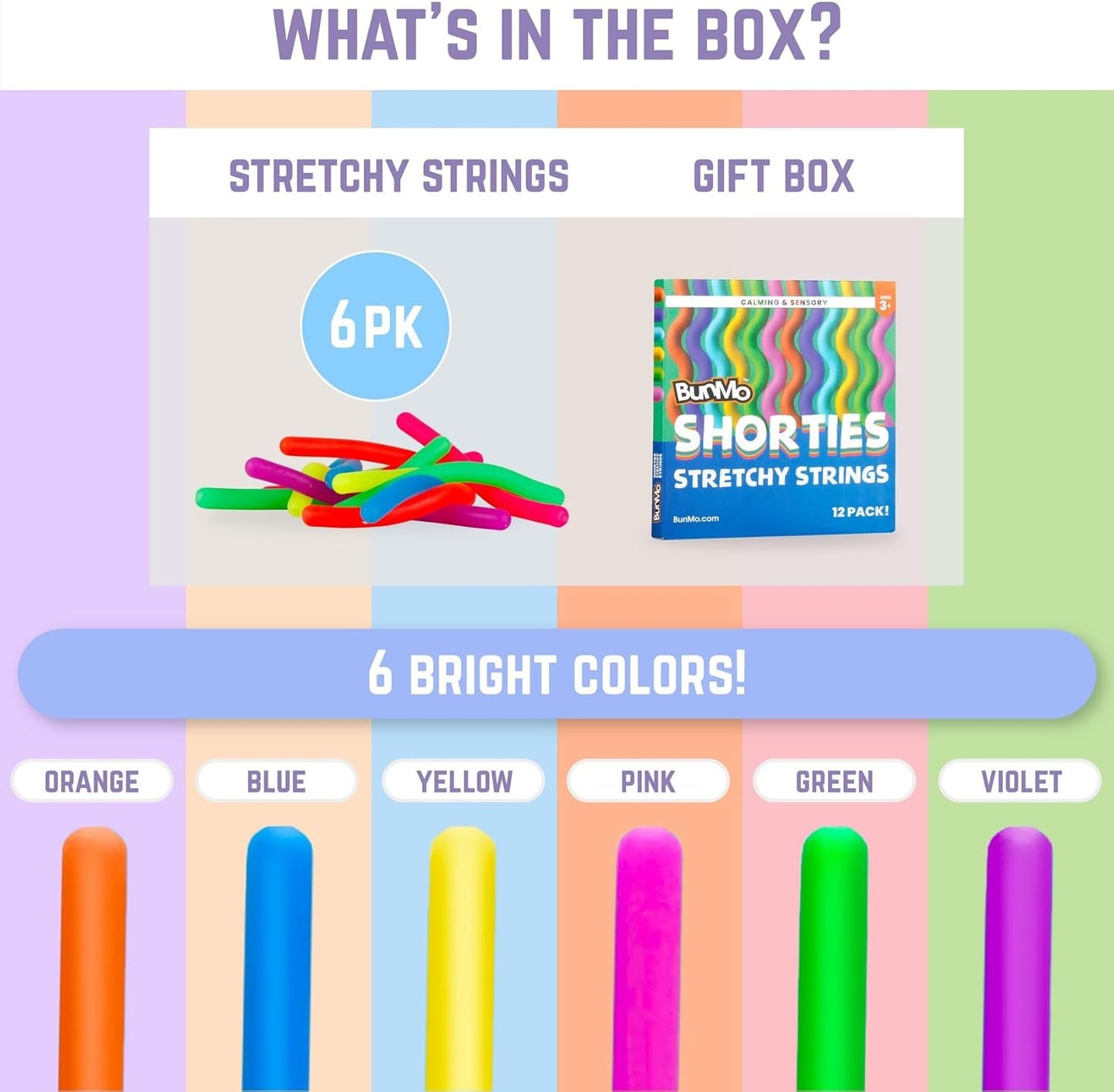 BUNMO Stretchy Strings - Sensory Toys for Toddlers 1-3 - Stimulating & Addictive Sensory Toys for Kids with Autism - Fidget Toy for Anxiety & Stress Relief - Hours of Fun for Kids - Mini Smooth 12pk