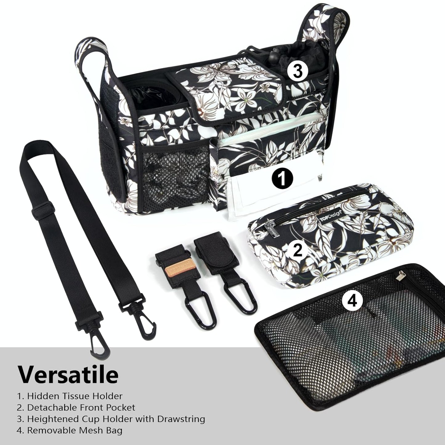 TOPDesign Universal Baby Stroller Organizer, Stroller Caddy with Detachable Mesh Bag & Heightened Insulated Cup Holders & Non-Slip Secure Hooks Accessories, Fits Most Strollers (Morning Glory)