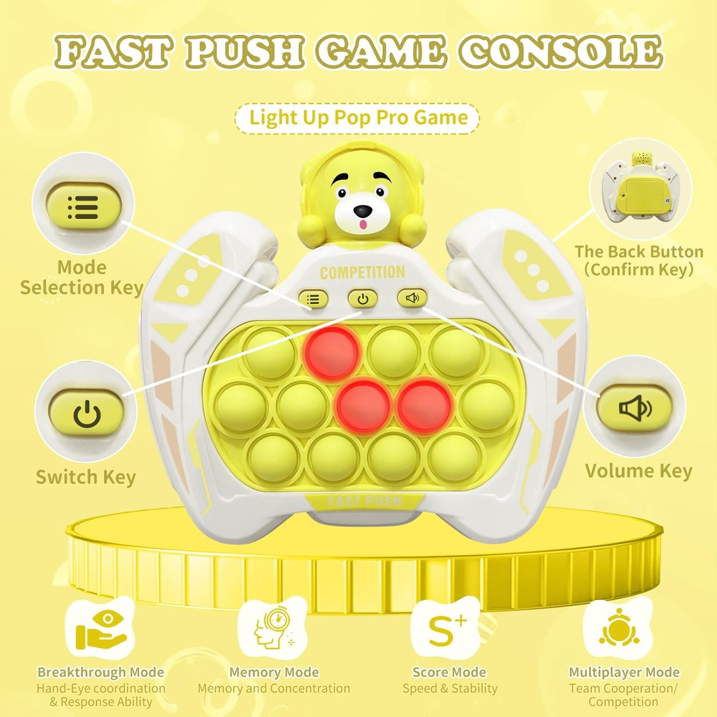 Fast Push Pop Pro Light Up Fidget Bubble Game Controller, Puzzle Pop Pro Game Fidget Toys Adults Handheld Bubble Pop Fidget Game Console Anti-Anxiety Autism Decompression Electronic Travel Game Toy
