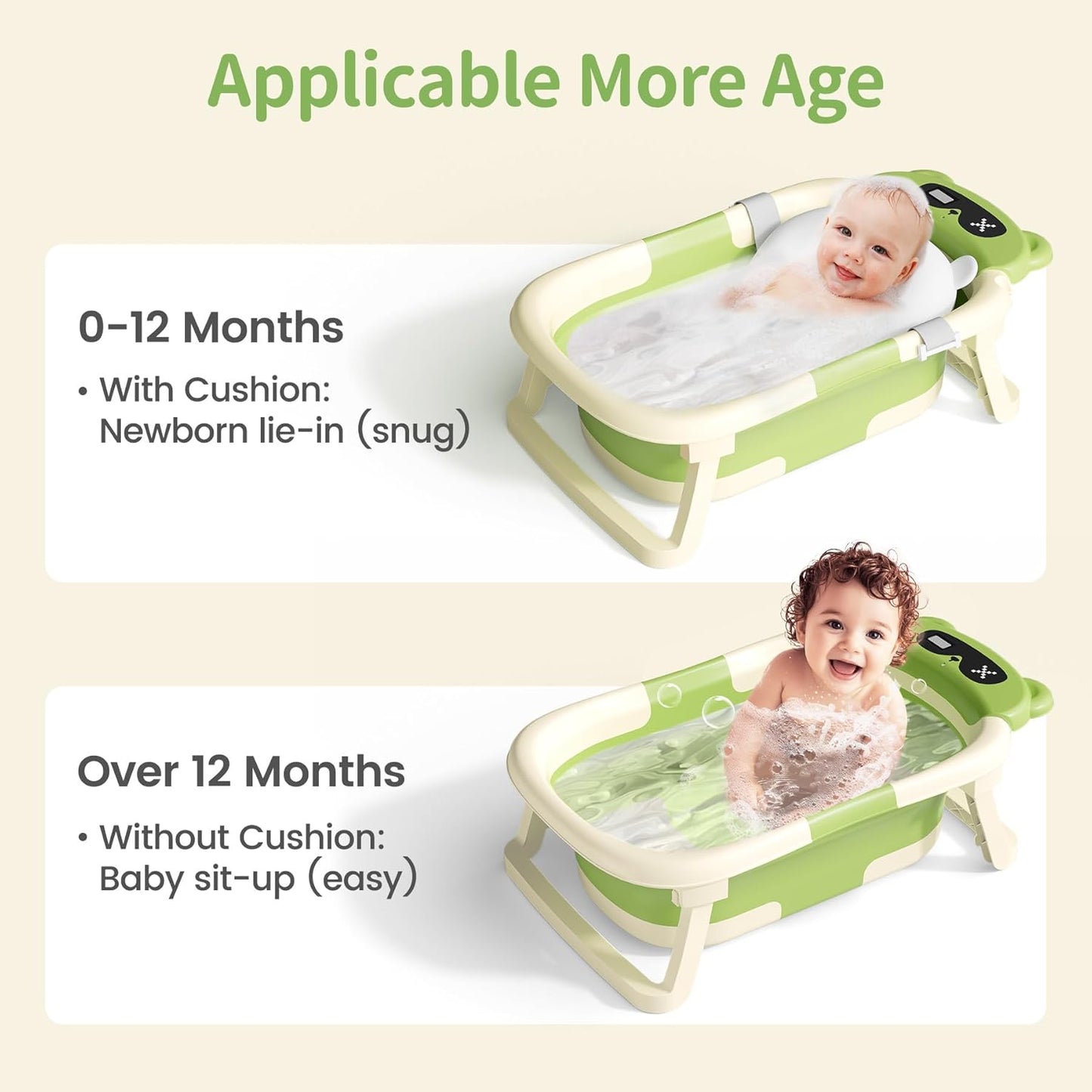 Collapsible Baby Bathtub for Newborn to Toddler (0-18 Month) - Portable Baby Bath Tub for Travel, Newborn Bathtub with Soft Towel and Floating Cushion (Green)
