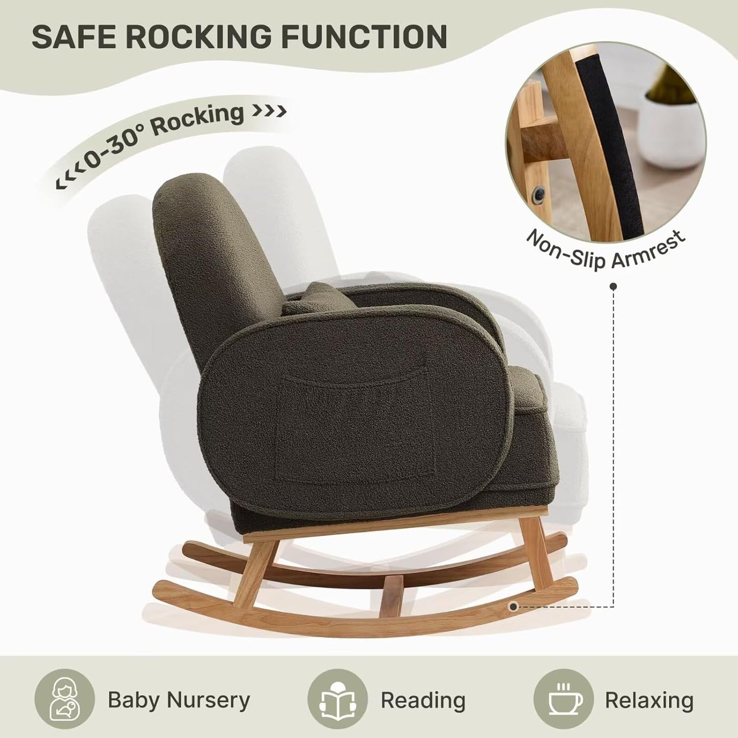 Rocking Chair with Ottoman, Upholstered Nursery Glider Rocker with High Backrest and Side Pocket, Teddy Rocking Accent Armchair with Solid Wood Legs for Nursery, Living Room, Bedroom Green