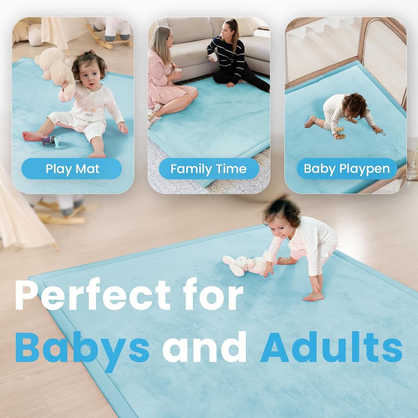 1.3" Thick Baby Play Mat,Ultra Soft Elasti-Foam 50×50 Playpen Mat for Tummy Time,Water-Repellent Coral Fleece Nursery Rug for Infants,Toddlers,Kids,Non-Slip Safe for Crawling(Ice Blue)