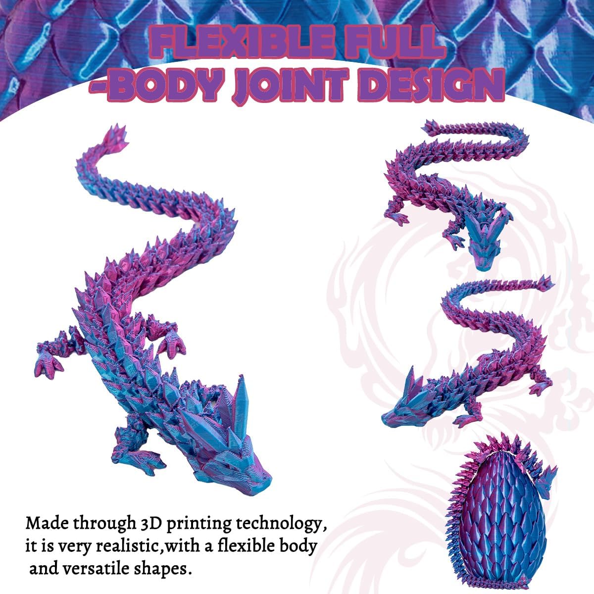 Dragon Eggs with Dragon Inside, 12In Laser Purple 3D Printed Dragon Egg Fidget Toy, Executive Desk Articulated Dragon Toy, Home Office Decor