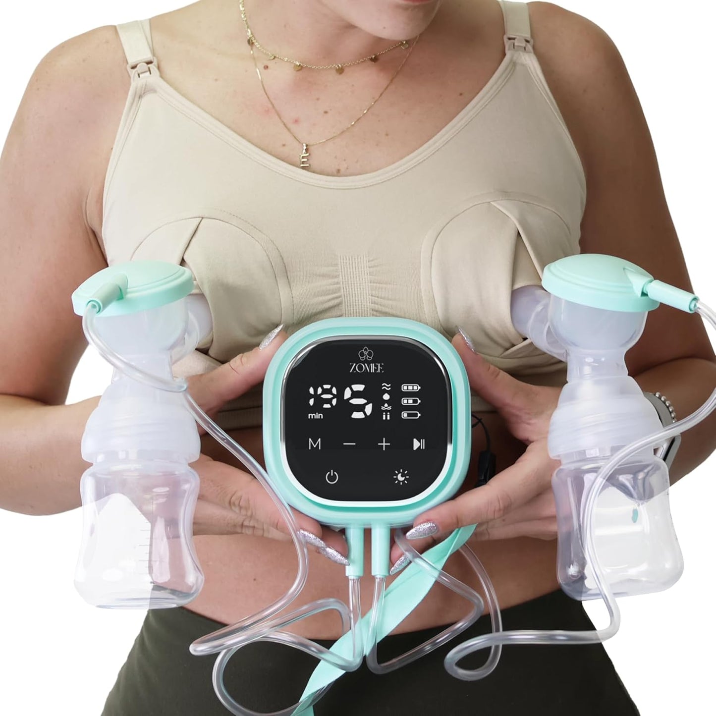 Zomee Z2 Double Electric Breast Pump - Shabbat Mode Edition - Portable, Hands Free Pumping Hospital Grade Wearable Breast Pump Including; Black Bamboo Pumping Bra (Large)