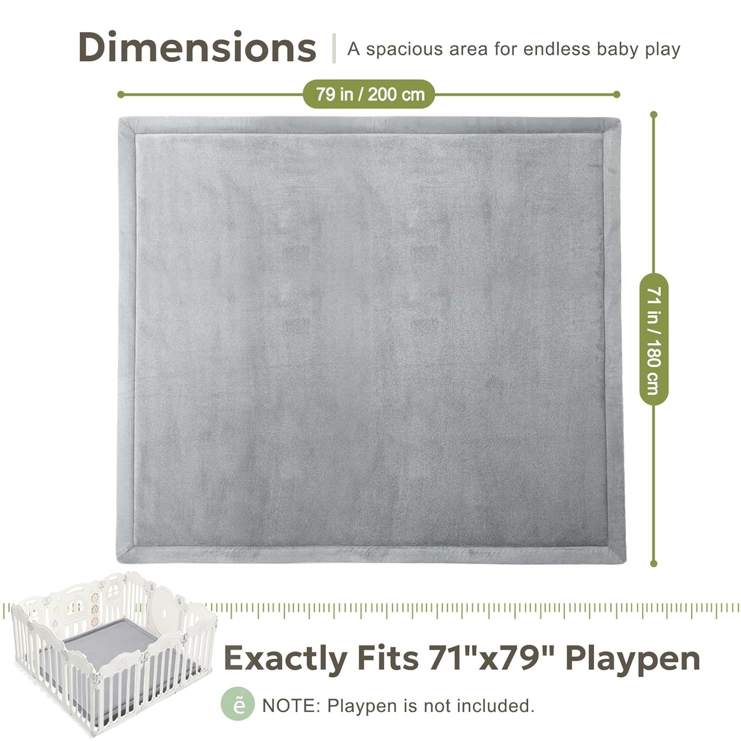 Large Thick 1.3" Thick Baby Play Mat for Floor, Padded Foam 79x71 Playpen Mat for Tummy Time, Soft Velvet for Babies, Toddlers, Infants, Kids, Baby-Safe & Non-Slip for Crawling, Gray