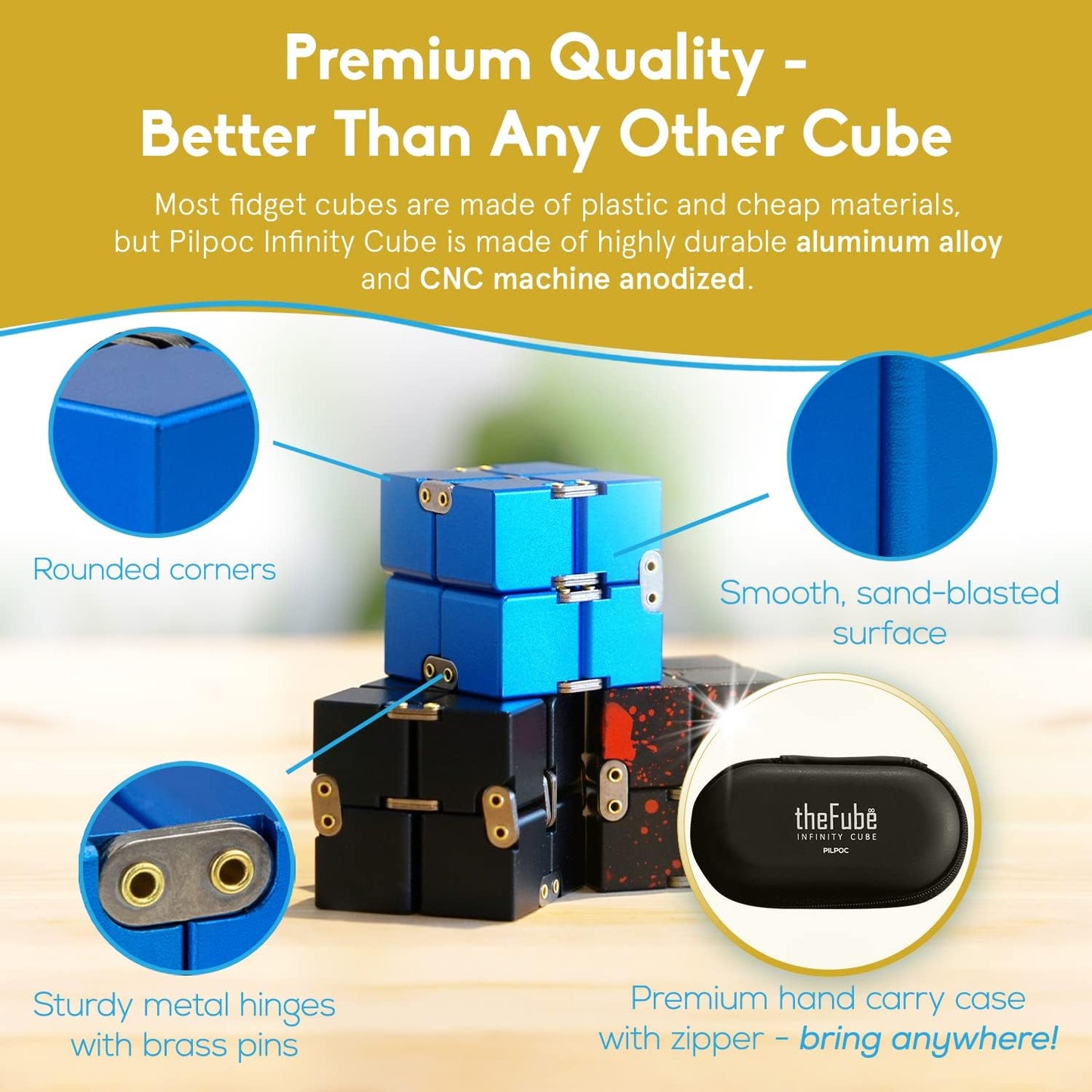 PILPOC theFube Infinity Cube Fidget Toy - Quality Aluminum Infinity Fidgeting Cube for Adults with Case, Sturdy, Heavy (Black)