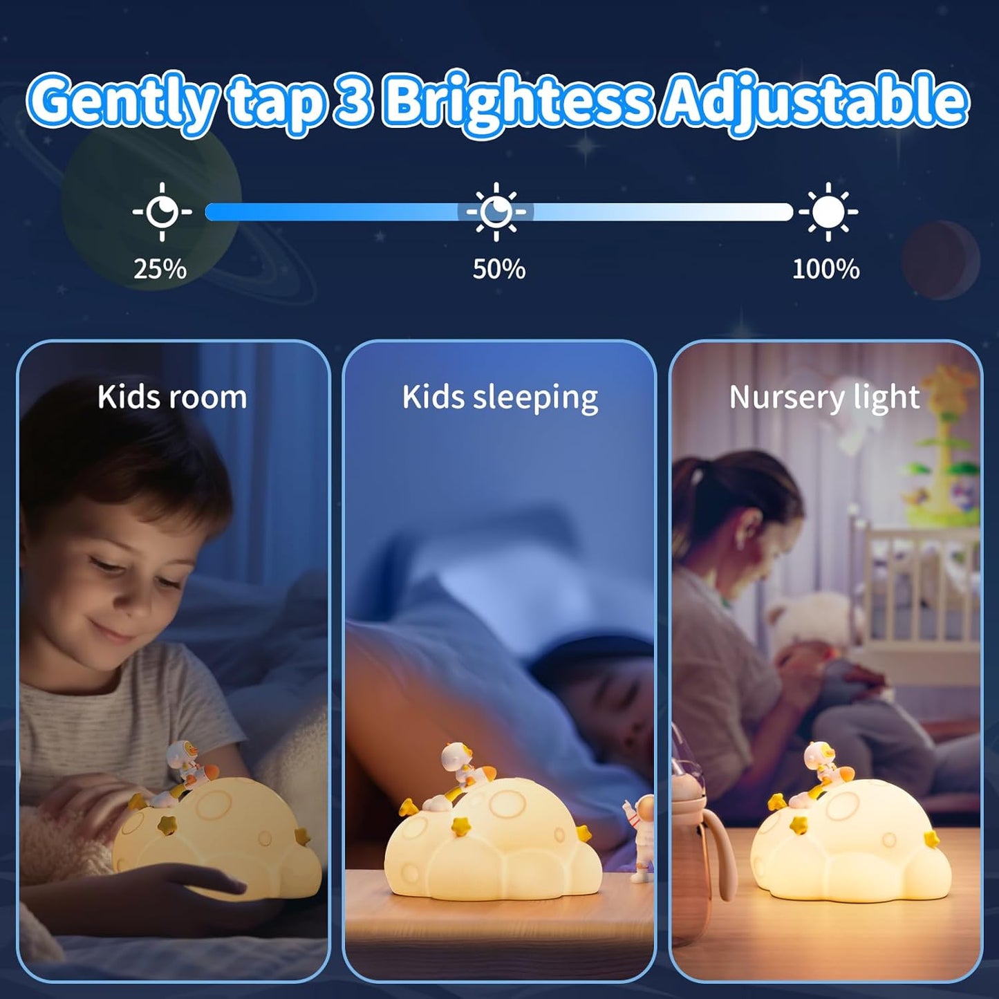 Planet Night Light for Kids, 3 Lightness Auto-Off LED Rechargeable Silicone Squishy Tap Control Beside Lamp, Nursery Night Light for Baby,Gift for Child,Boys and Girls