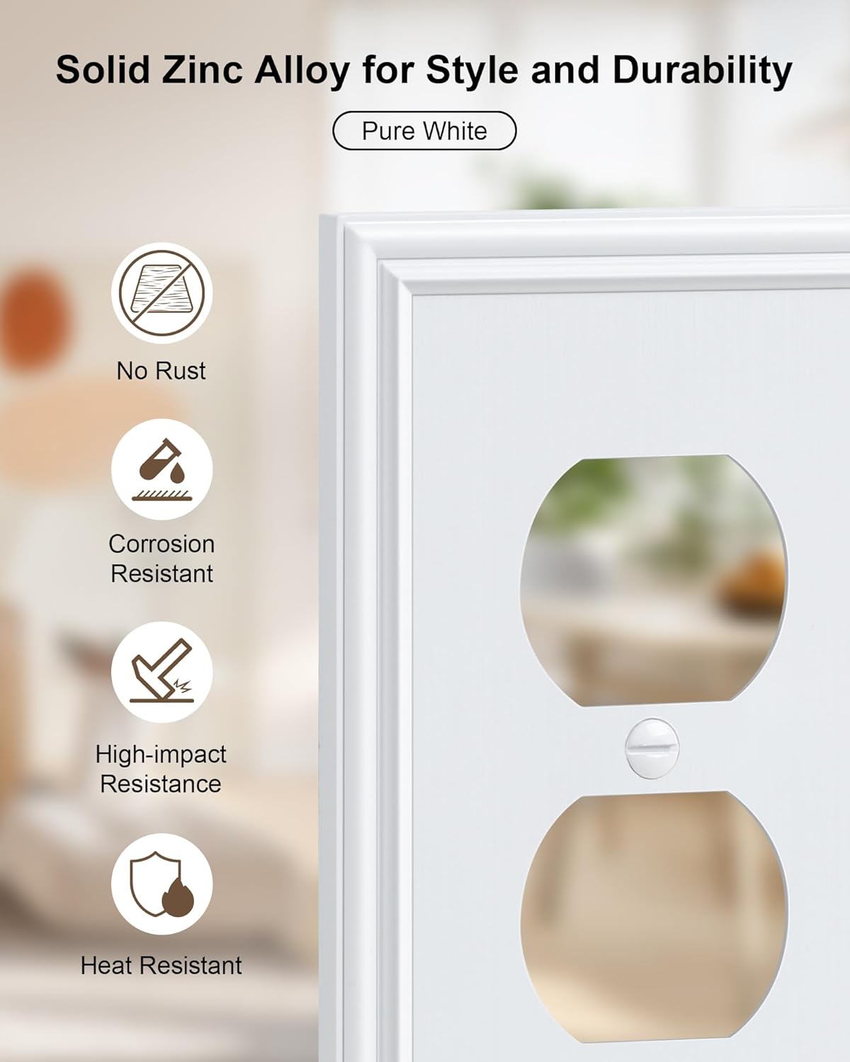 6-Pack Single Duplex Outlet Cover Plate, Decorative White Switch Plates and Outlet Covers, Metal Wall Plates for Electrical Outlets, 1 Gang Receptacle Cover, Corrosion Resistant