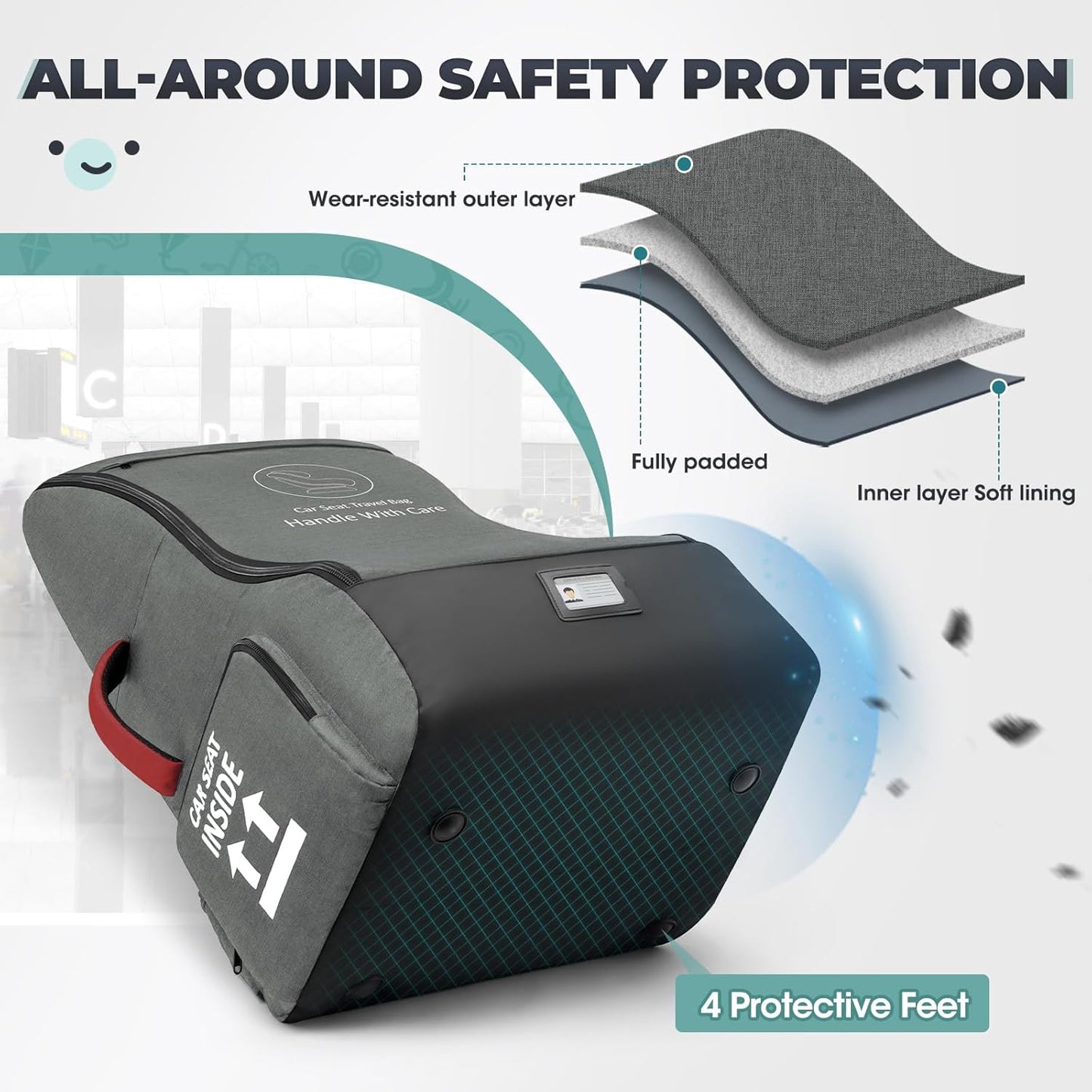 RAINSMORE Padded Car Seat Travel Bag for Airplane Heavy Duty Car Seat Backpack for Air Travel Baby Carseat Cover Bags for Airport Large Car Seats Carrier Fits Car Seats & Booster Seats,Gray