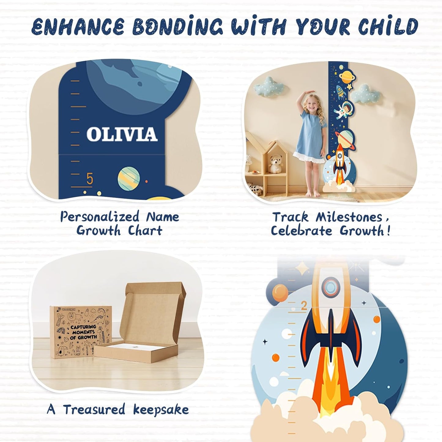 Personalized Name Wooden Growth Chart Wall Decor – Kids' Space Height Measurement Chart for Baby, Boys & Girls Room 62.5" x 15.5"