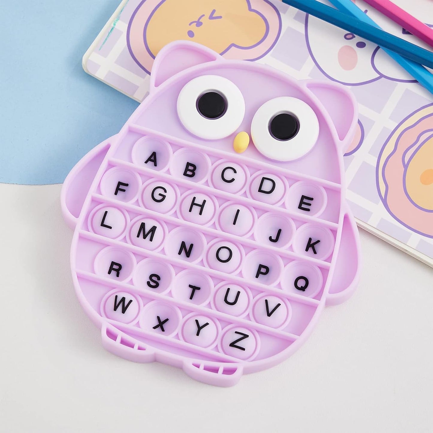 Push Pop Bubble Fidget Sensory Toy, Silicone Stress Relief Popping Toy, ABC Alphabet Owl Shaped Educational Learning Tools for Toddlers Kids Students (Black Letters-Purple)