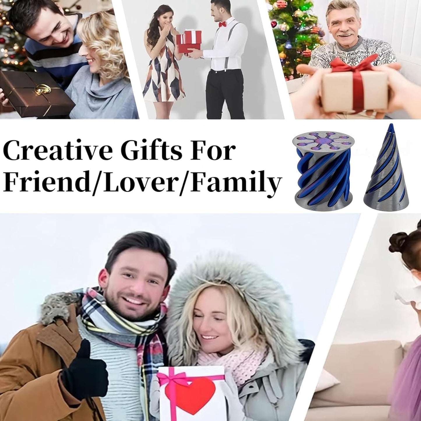 Impossible Pyramid Passthrough Sculpture - 2Pcs 3D Printed Spiral Cone Fidget Toy, Stress and Anxiety Relief Toy, Pass Through Pyramid Fidget Toy for Adult Children (Colorful-Blue)