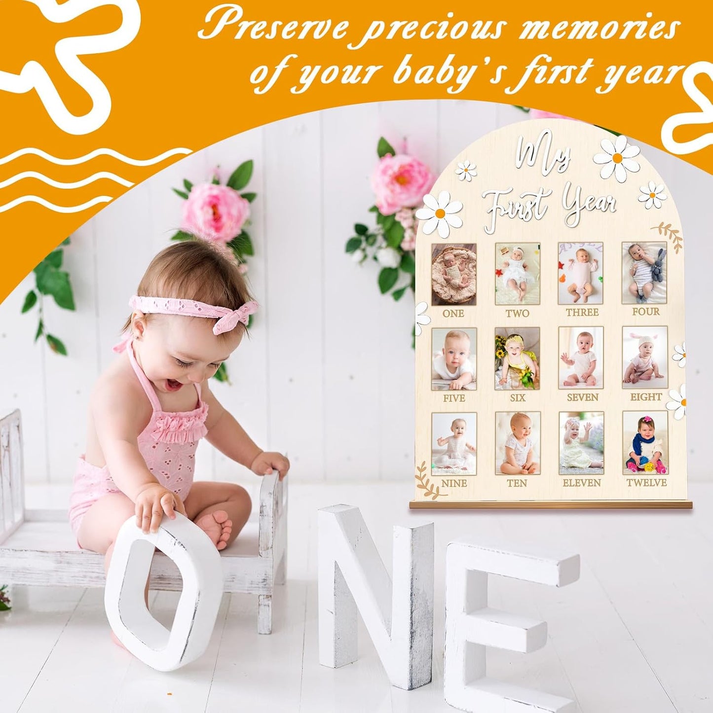 Daisy First Year Photo Board Flower Birthday Party Wooden Board Decorations 12 Monthly Milestone Picture Frame One Year Old Wood Sign 1st Birthday Photo Banner for Baby Girls Keepsake Gift Supply